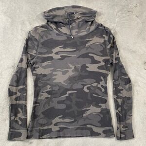 Chaps Thermal Top Women M Grey Camo Funnel Neck Waffle Knit Long Sleeve Cotton